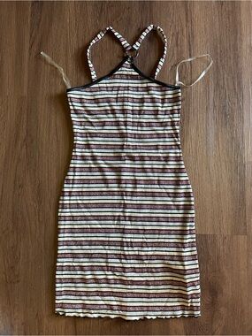 Sparkling Striped Ribbed Halter Dress in Cream, Pink & Black